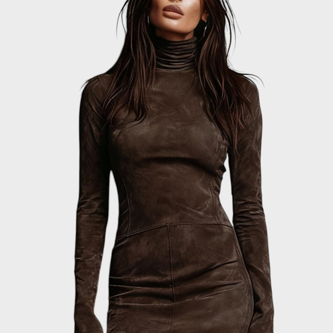 Aurea | Rochie mini din piele întoarsă cu guler înalt