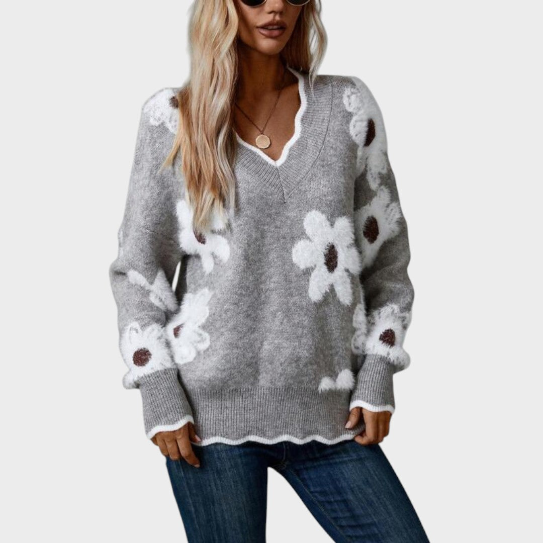 Pulover tricotat floral Paula față crem