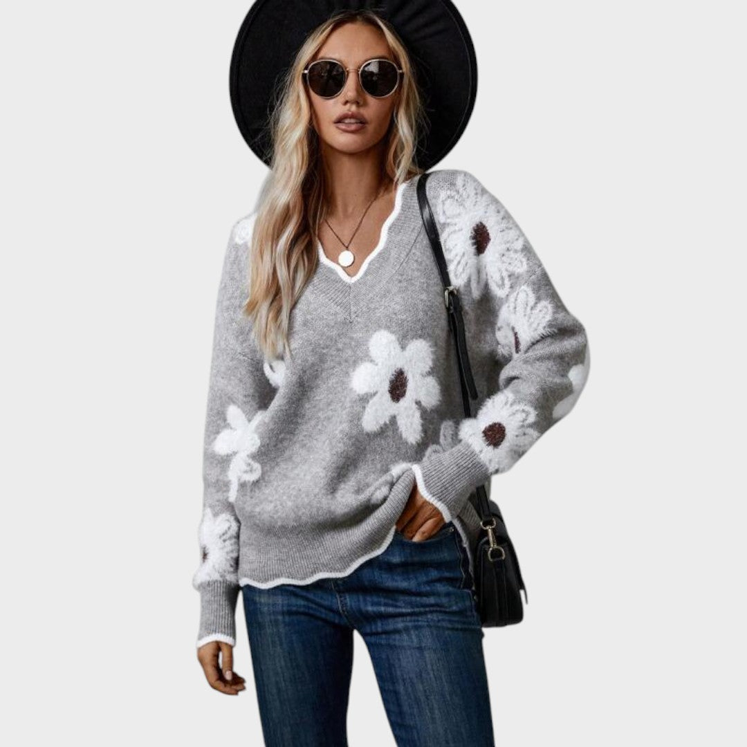 Pulover tricotat floral Paula spate roz