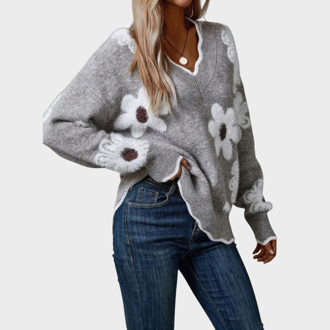 Pulover tricotat floral Paula detaliu model