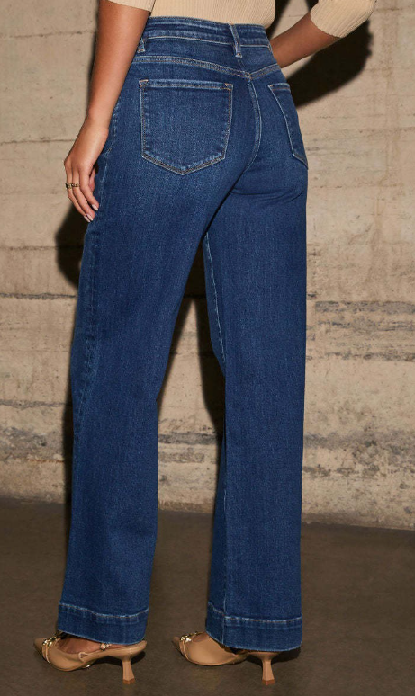 jeans wide leg albastru închis talie înaltă și buzunare funcționale 